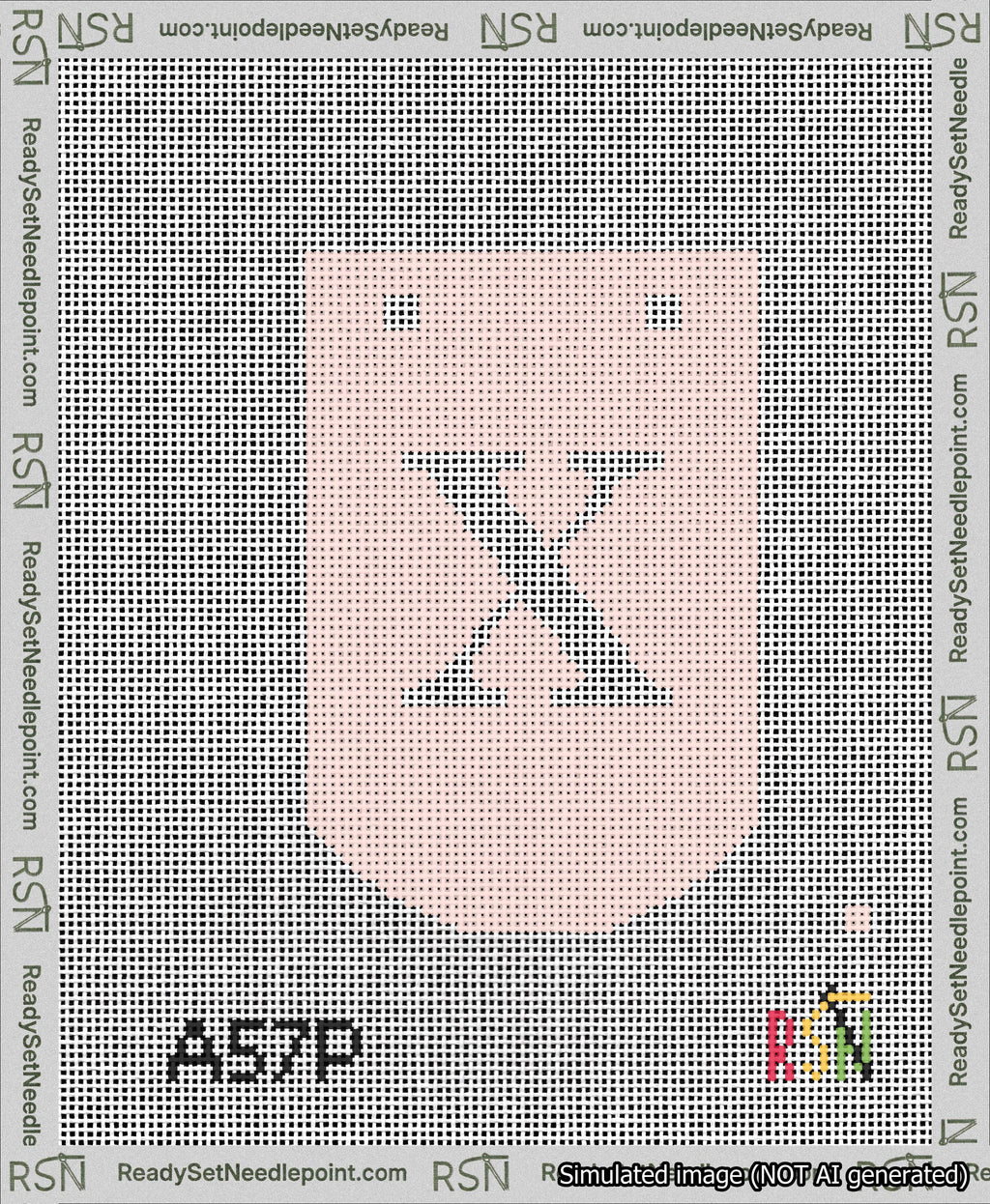 A taped needlepoint canvas with the design: Banner 13 mesh count Curved X White on Pink.
