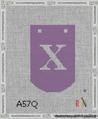 A taped needlepoint canvas with the design: Banner 13 mesh count Curved X White on Purple.