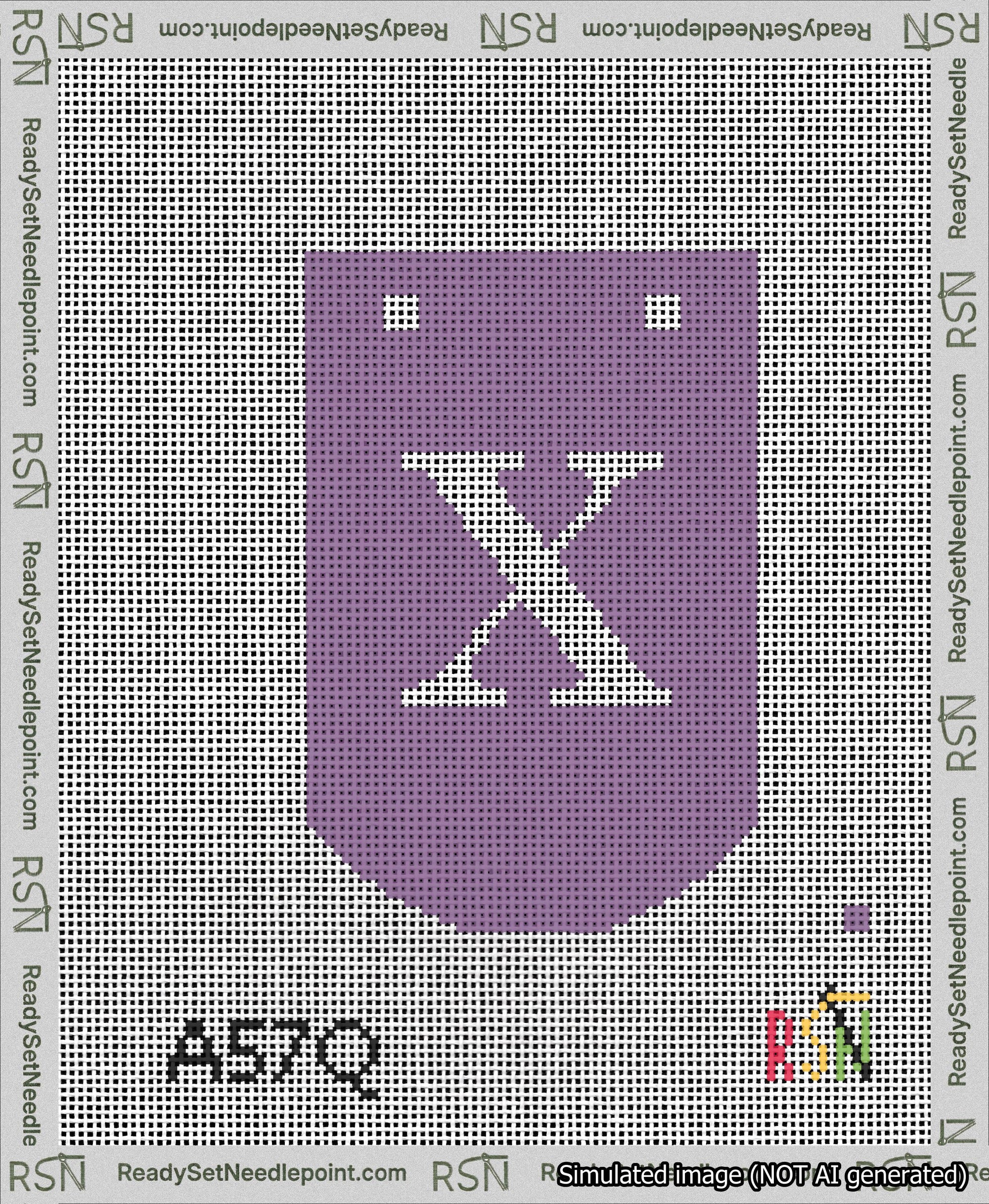 A taped needlepoint canvas with the design: Banner 13 mesh count Curved X White on Purple.