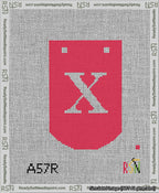 A taped needlepoint canvas with the design: Banner 13 mesh count Curved X White on Red.