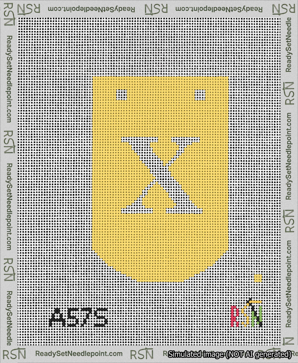 A taped needlepoint canvas with the design: Banner 13 mesh count Curved X White on Yellow.