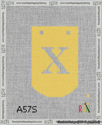 A taped needlepoint canvas with the design: Banner 13 mesh count Curved X White on Yellow.