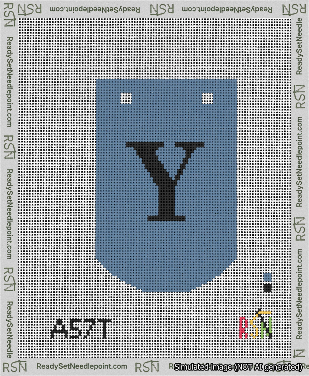 A taped needlepoint canvas with the design: Banner 13 mesh count Curved Y Black on Blue.