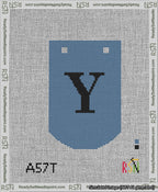 A taped needlepoint canvas with the design: Banner 13 mesh count Curved Y Black on Blue.