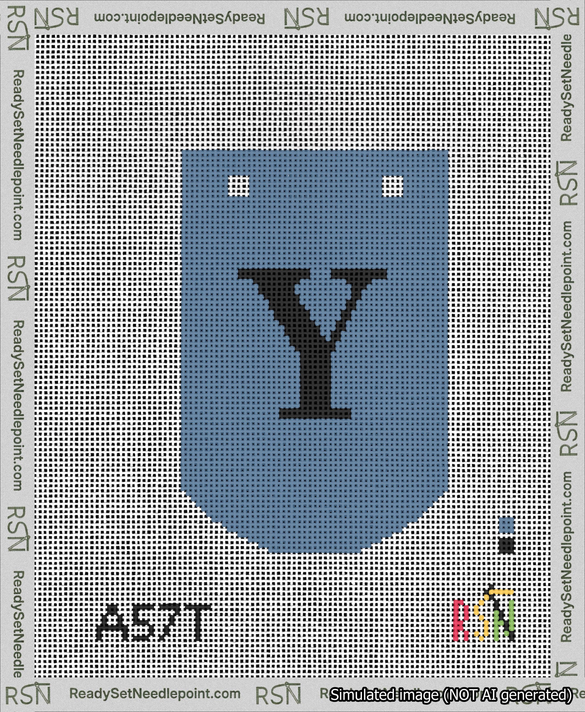 A taped needlepoint canvas with the design: Banner 13 mesh count Curved Y Black on Blue.