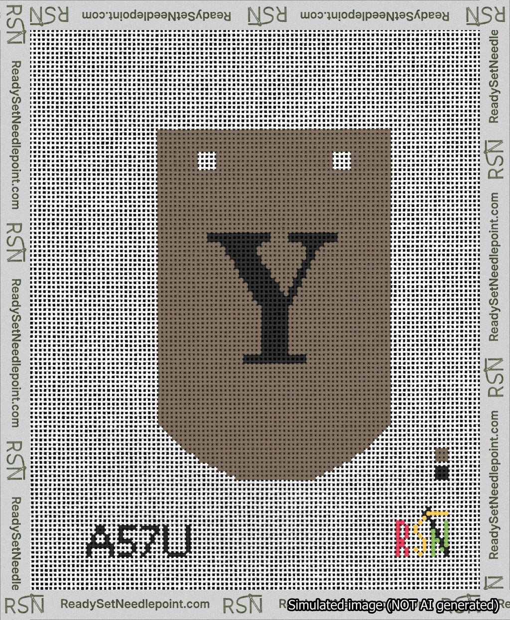 A taped needlepoint canvas with the design: Banner 13 mesh count Curved Y Black on Brown.