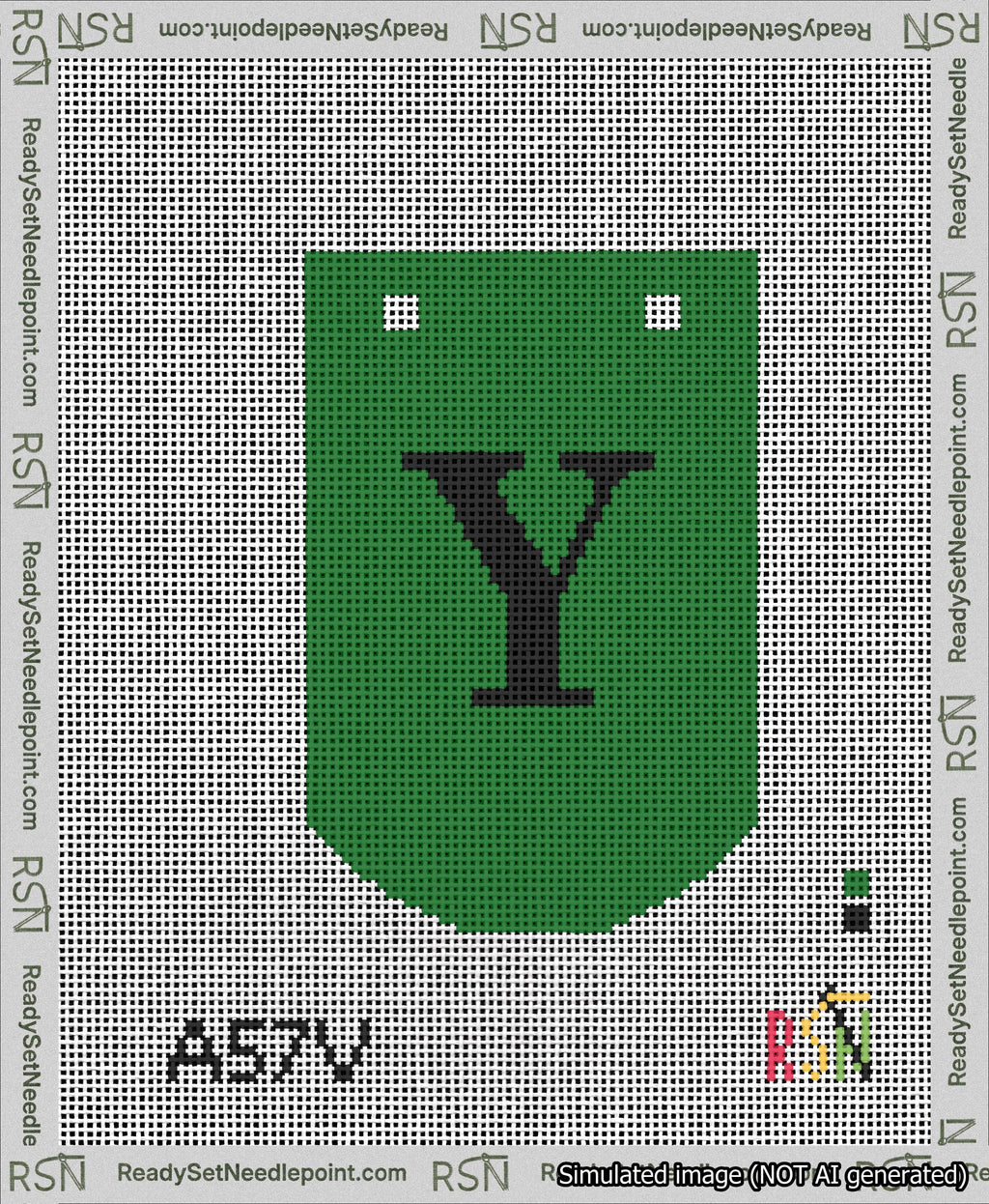 A taped needlepoint canvas with the design: Banner 13 mesh count Curved Y Black on Green.