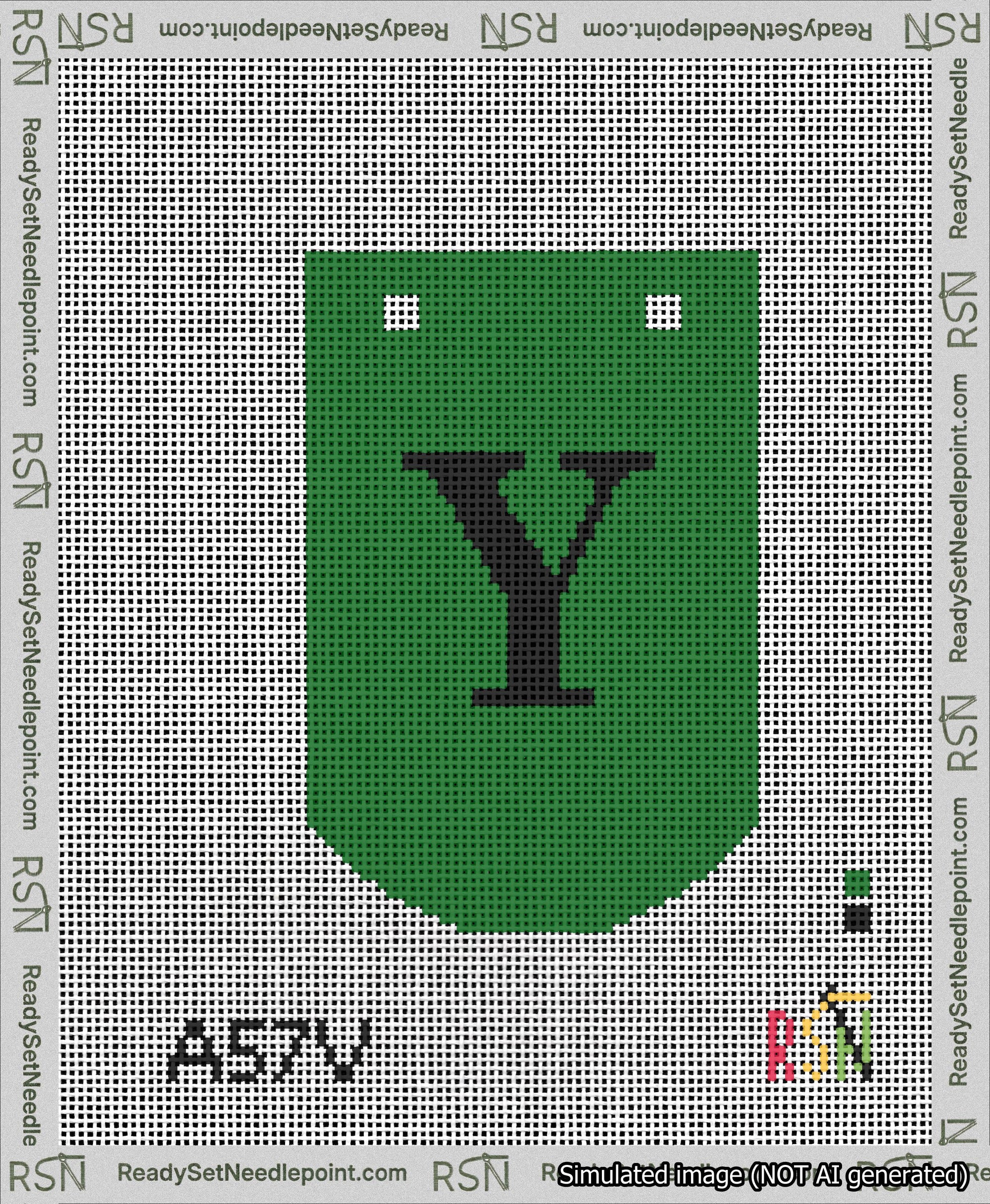 A taped needlepoint canvas with the design: Banner 13 mesh count Curved Y Black on Green.