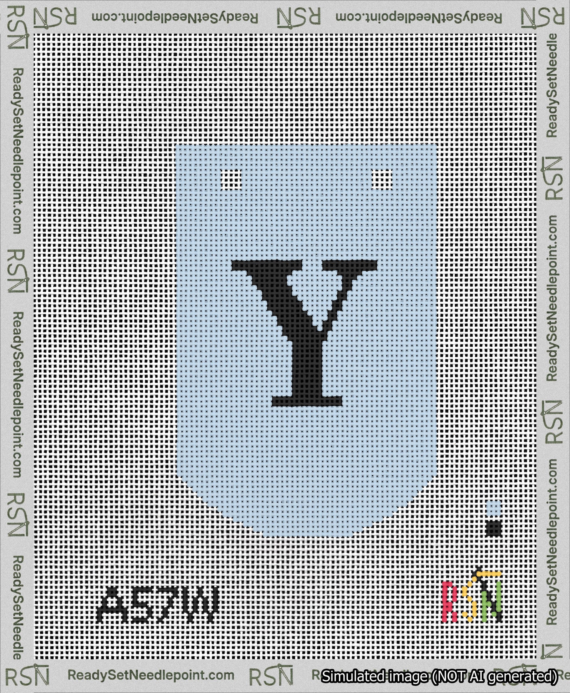 A taped needlepoint canvas with the design: Banner 13 mesh count Curved Y Black on Light Blue.