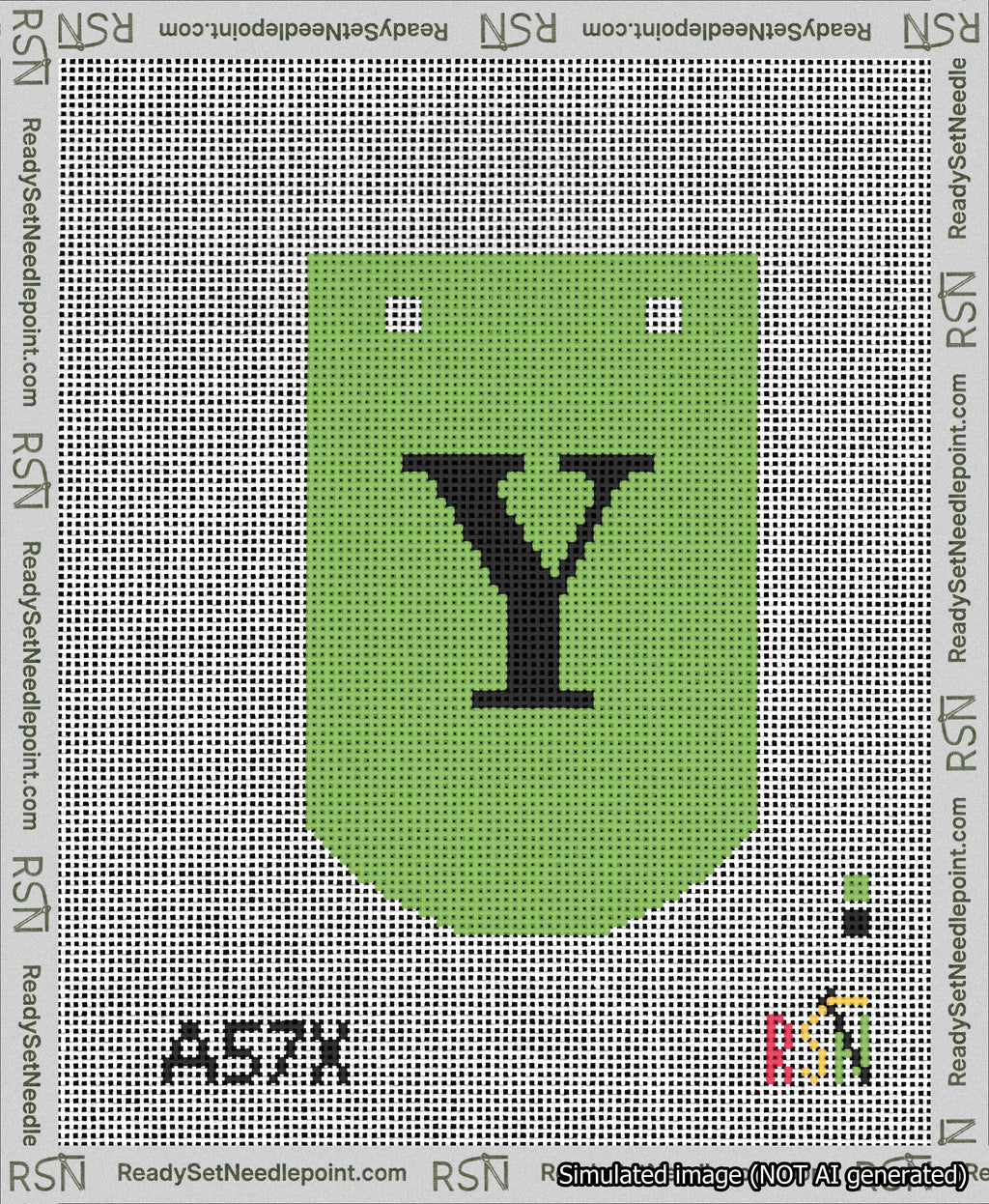 A taped needlepoint canvas with the design: Banner 13 mesh count Curved Y Black on Light Green.