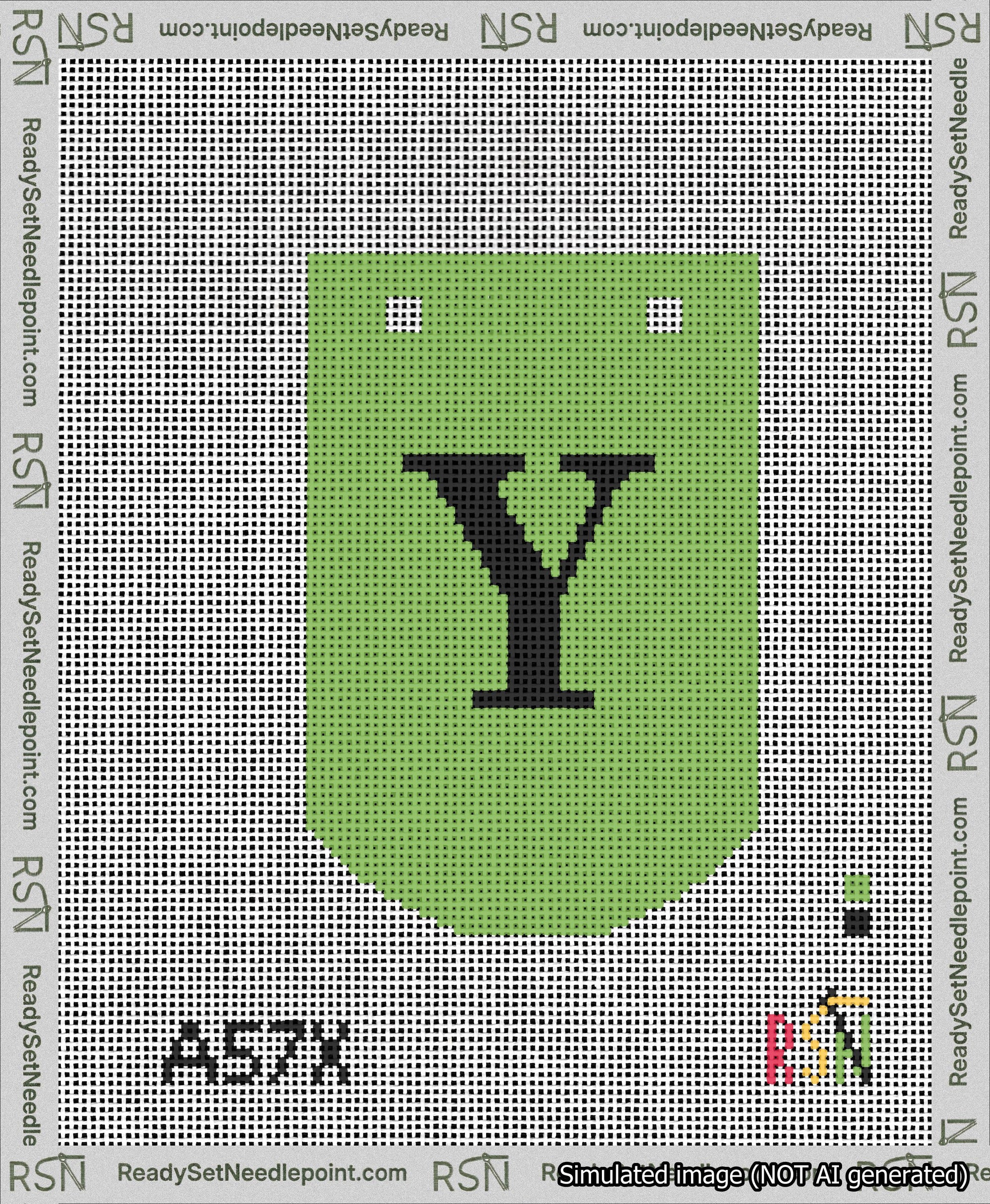 A taped needlepoint canvas with the design: Banner 13 mesh count Curved Y Black on Light Green.