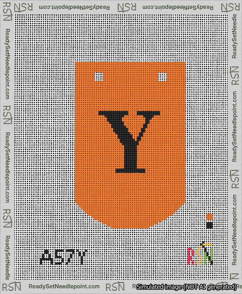 A taped needlepoint canvas with the design: Banner 13 mesh count Curved Y Black on Orange.