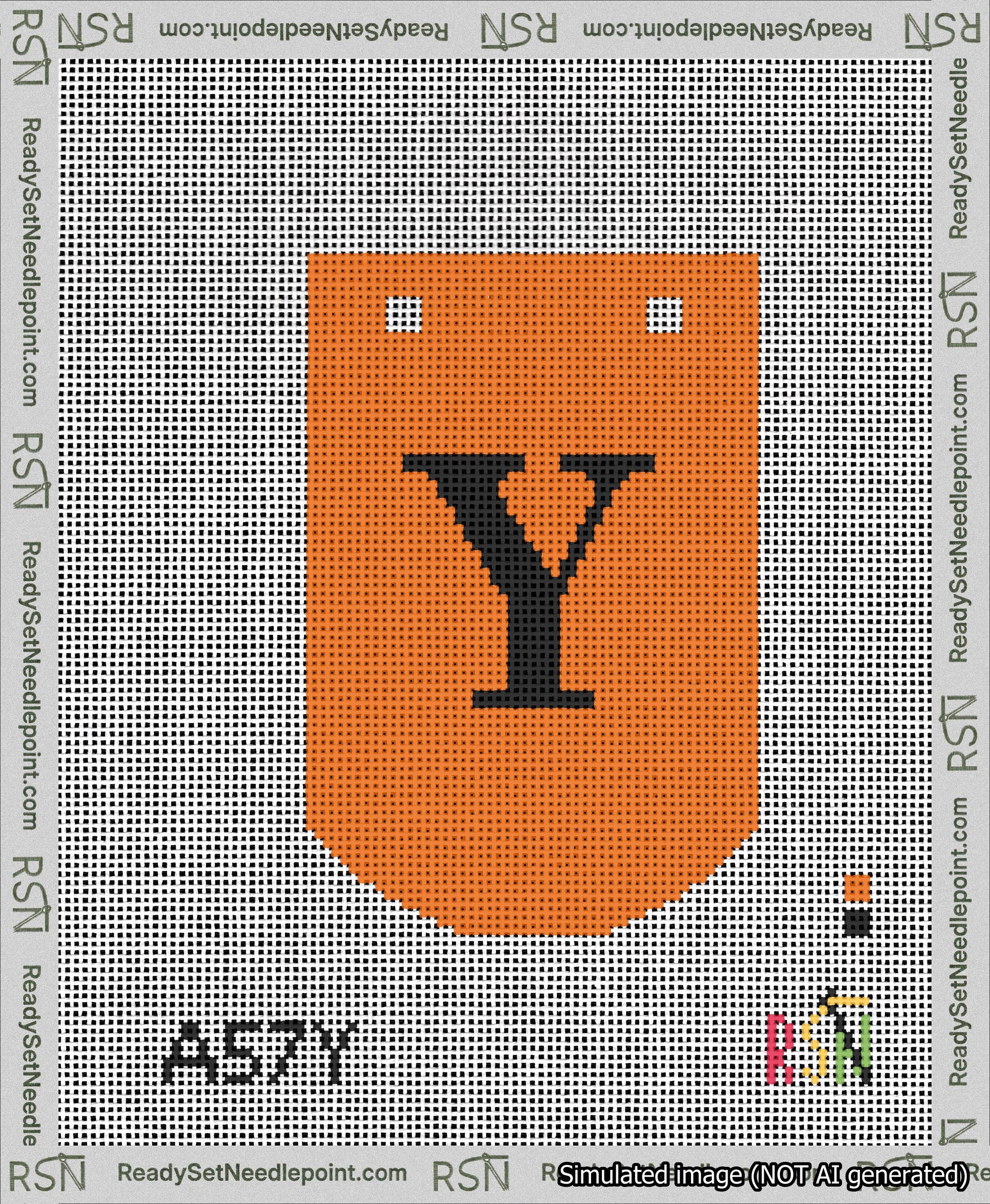 A taped needlepoint canvas with the design: Banner 13 mesh count Curved Y Black on Orange.