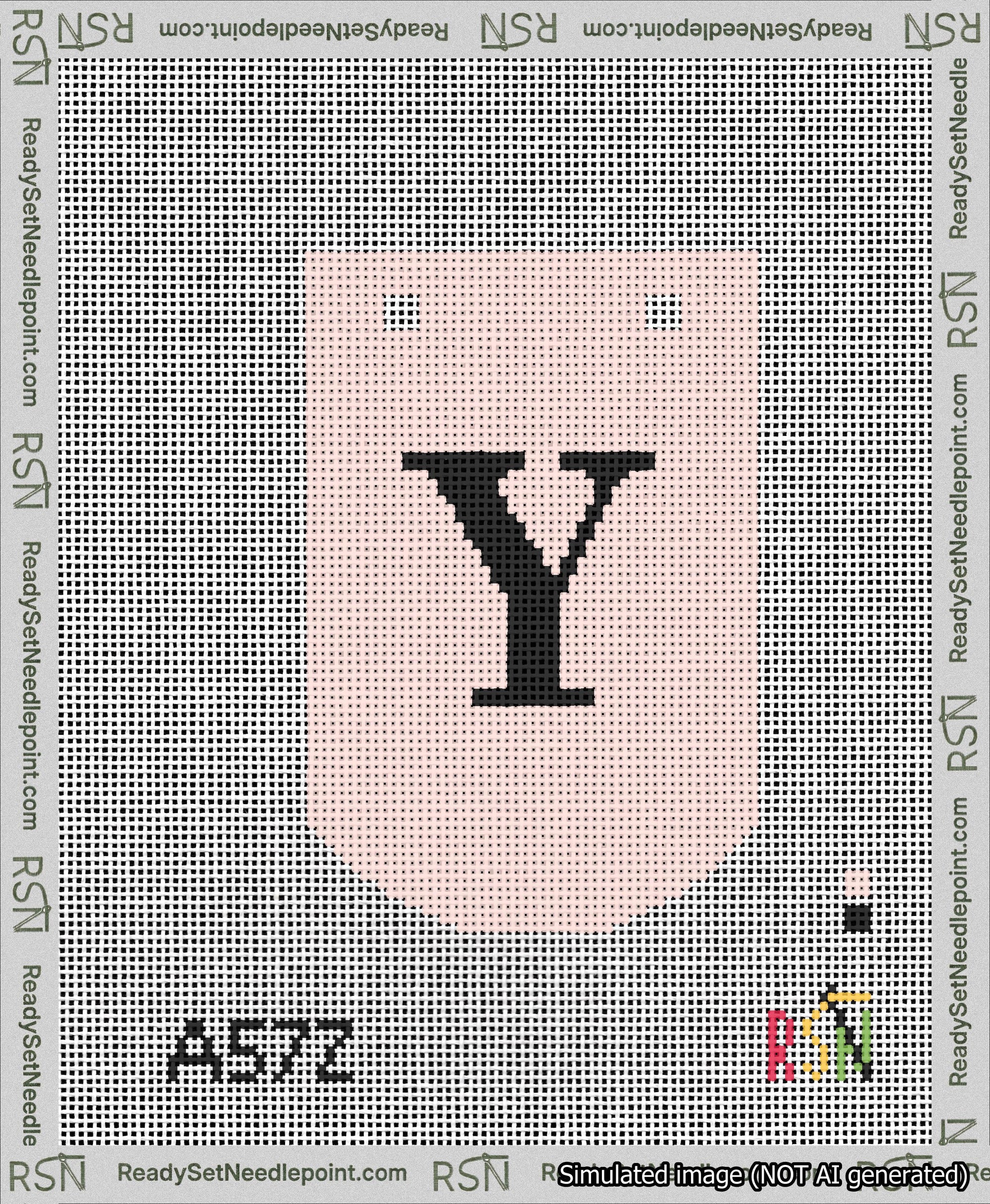 A taped needlepoint canvas with the design: Banner 13 mesh count Curved Y Black on Pink.