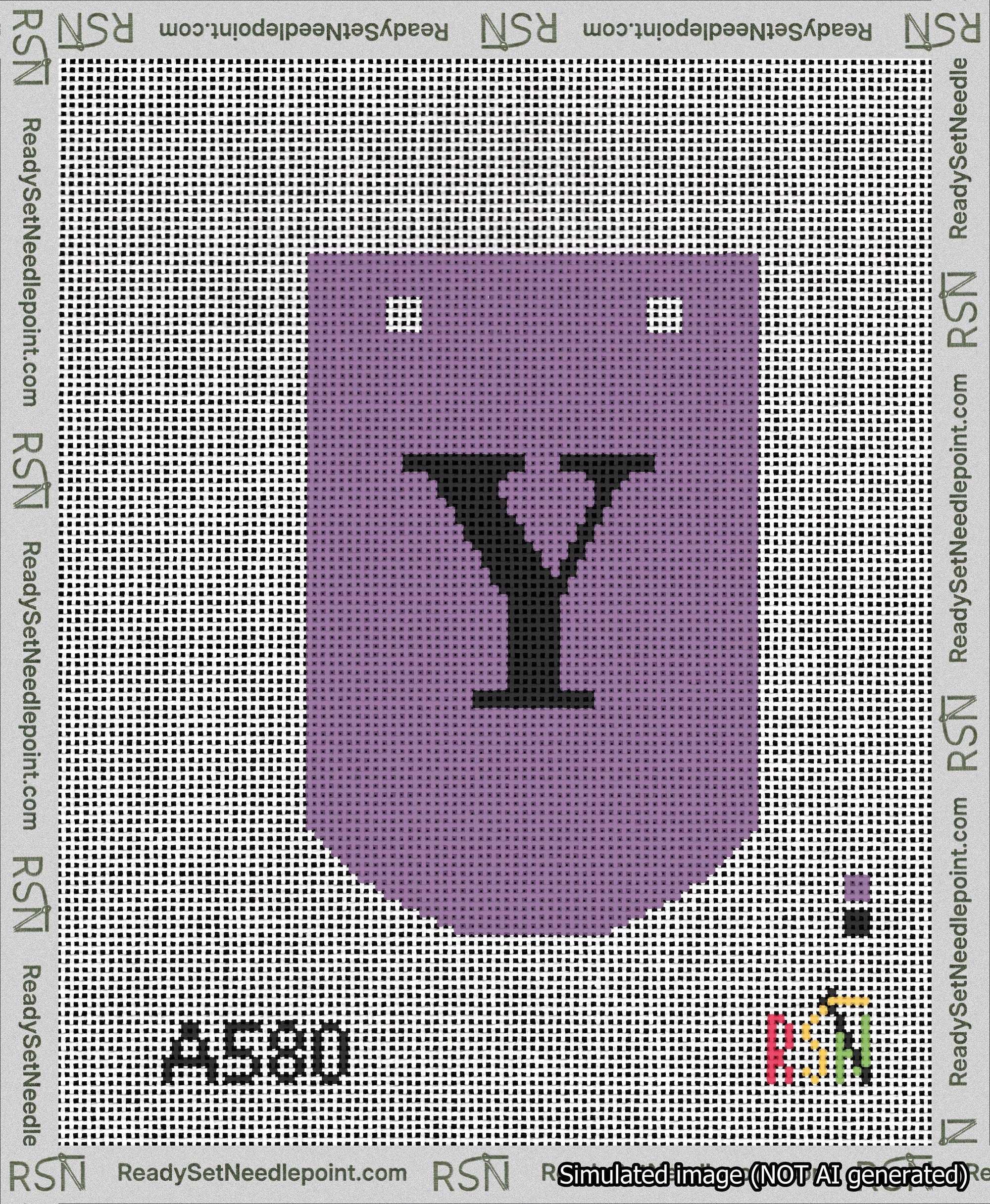 A taped needlepoint canvas with the design: Banner 13 mesh count Curved Y Black on Purple.