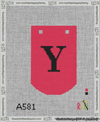 A taped needlepoint canvas with the design: Banner 13 mesh count Curved Y Black on Red.