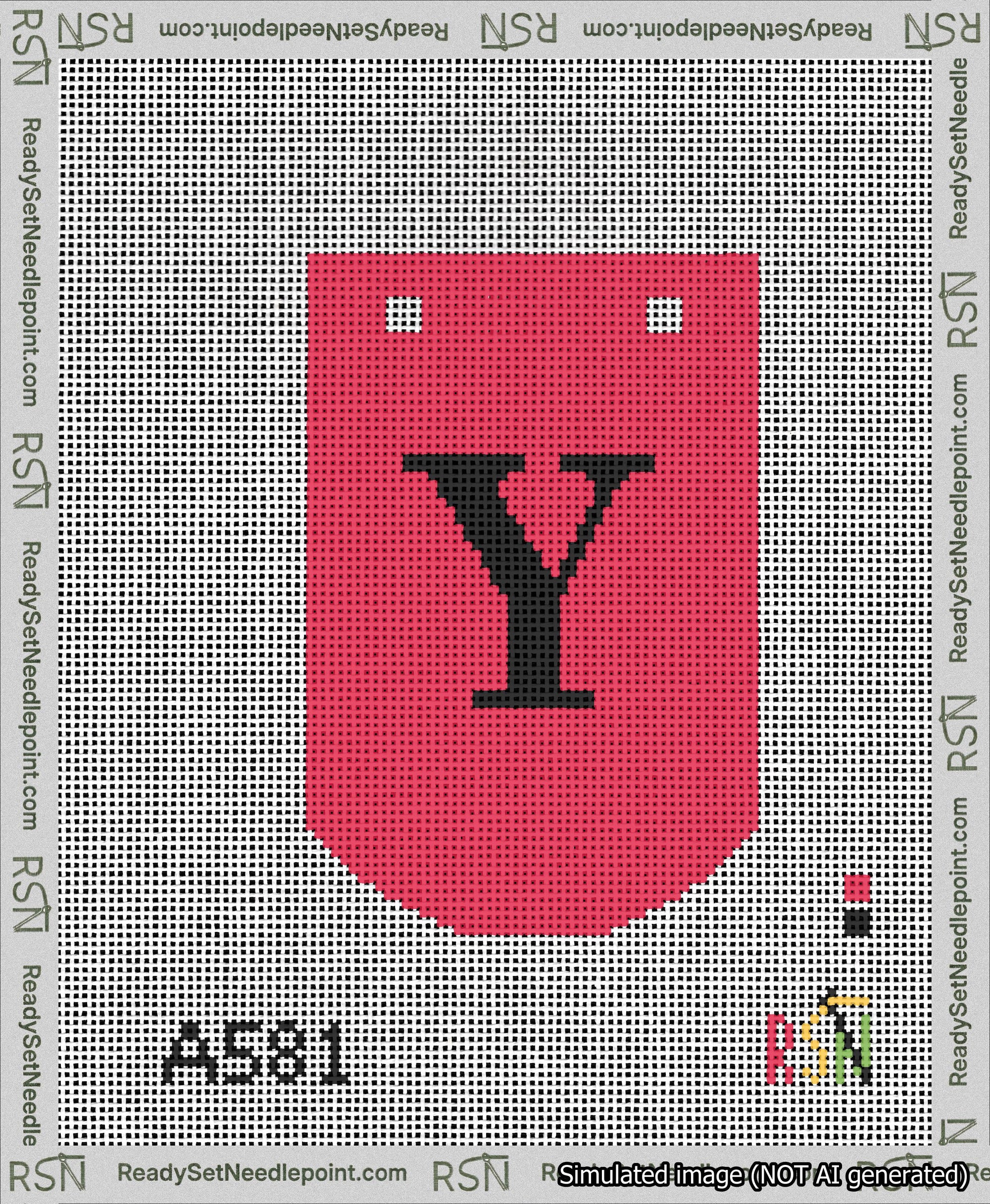 A taped needlepoint canvas with the design: Banner 13 mesh count Curved Y Black on Red.