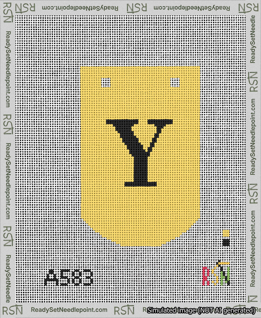 A taped needlepoint canvas with the design: Banner 13 mesh count Curved Y Black on Yellow.