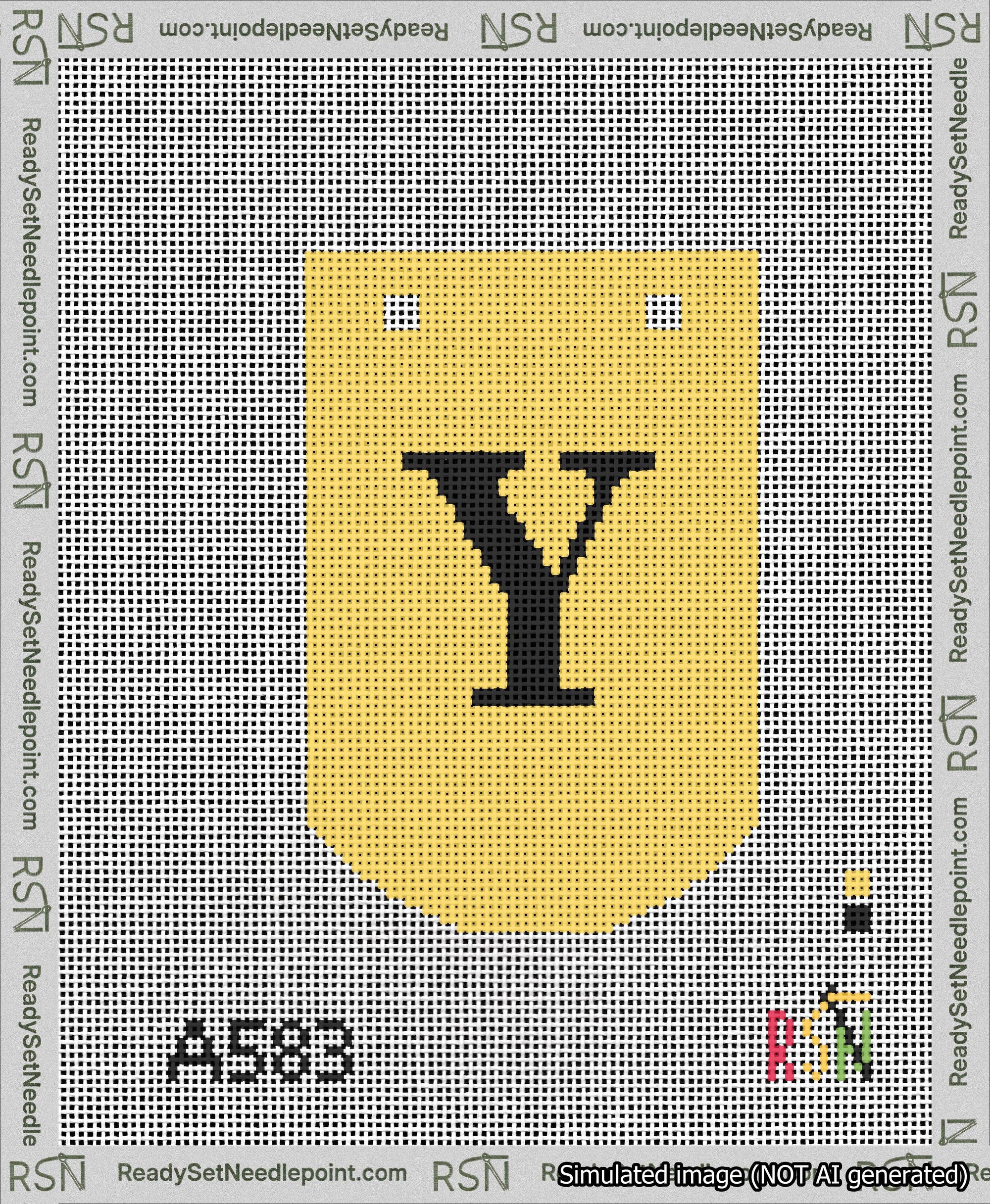 A taped needlepoint canvas with the design: Banner 13 mesh count Curved Y Black on Yellow.