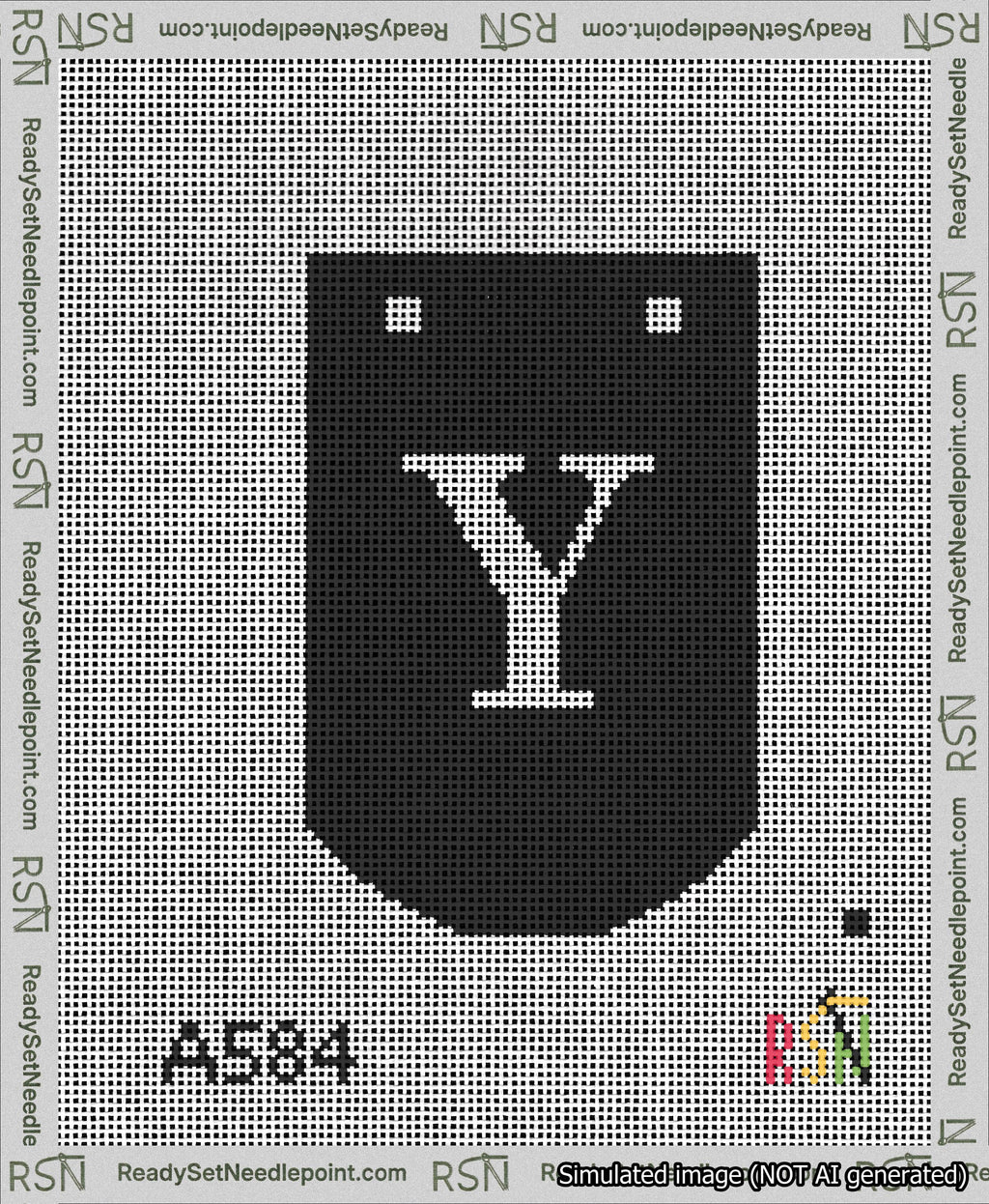 A taped needlepoint canvas with the design: Banner 13 mesh count Curved Y White on Black.