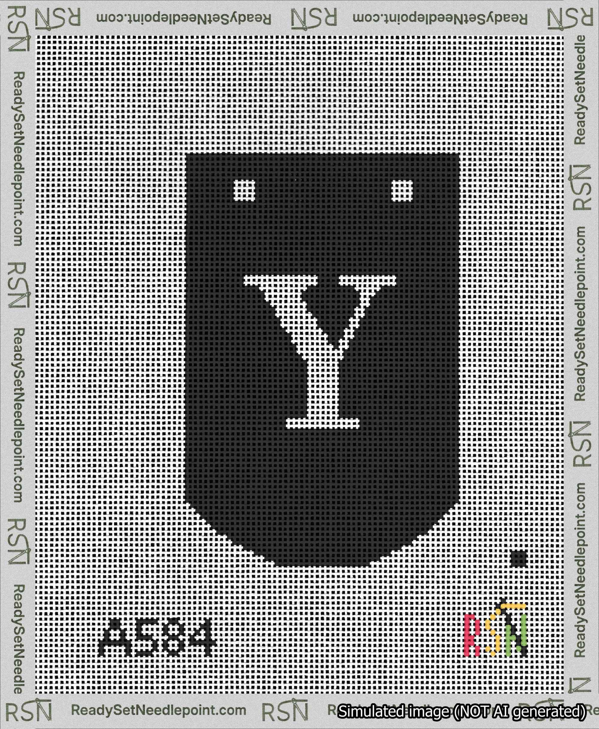 A taped needlepoint canvas with the design: Banner 13 mesh count Curved Y White on Black.