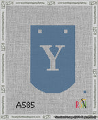 A taped needlepoint canvas with the design: Banner 13 mesh count Curved Y White on Blue.