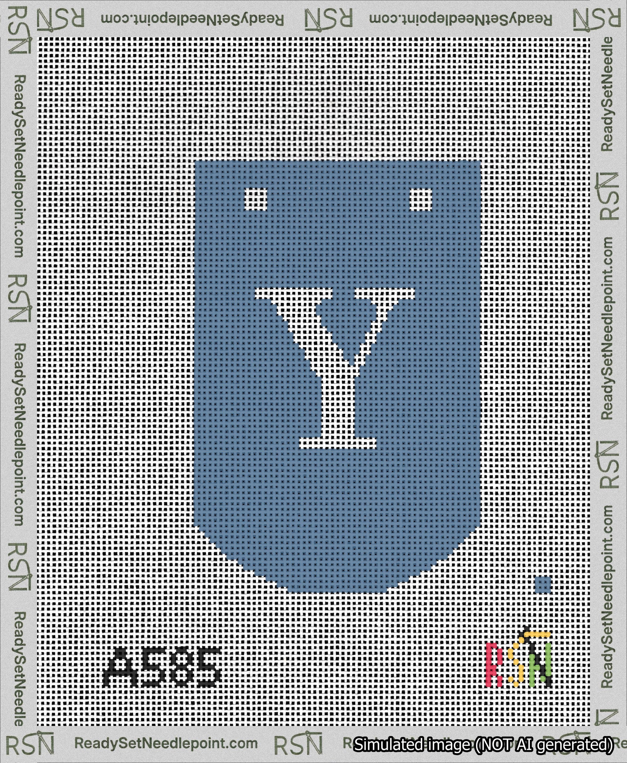 A taped needlepoint canvas with the design: Banner 13 mesh count Curved Y White on Blue.