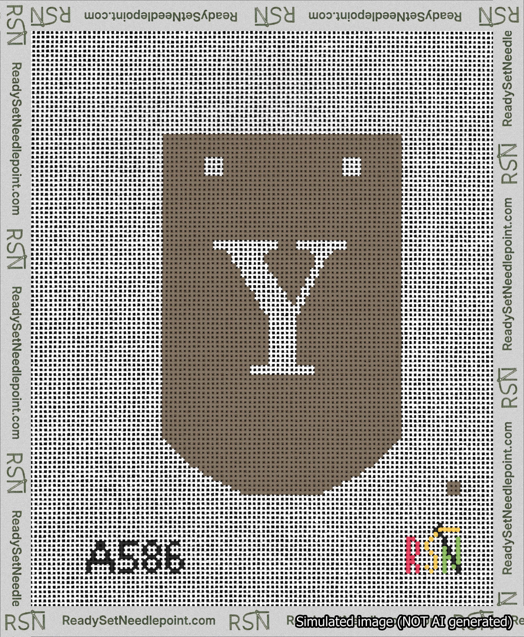 A taped needlepoint canvas with the design: Banner 13 mesh count Curved Y White on Brown.