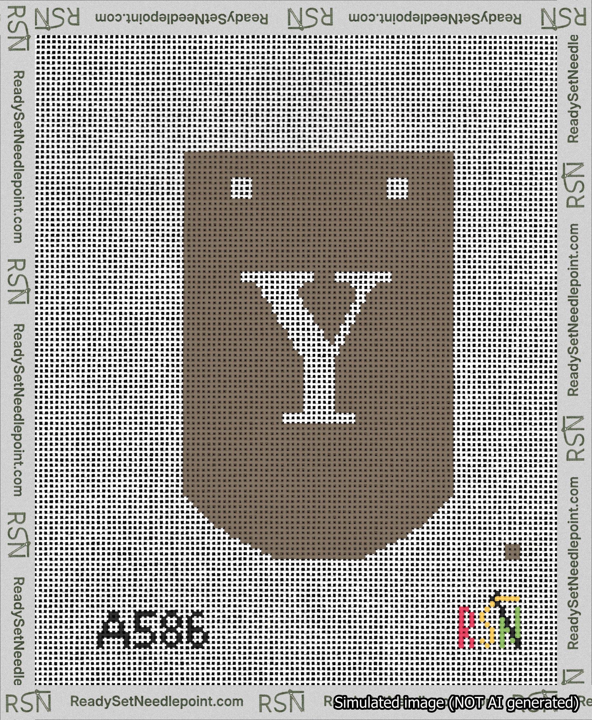 A taped needlepoint canvas with the design: Banner 13 mesh count Curved Y White on Brown.