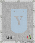 A taped needlepoint canvas with the design: Banner 13 mesh count Curved Y White on Light Blue.
