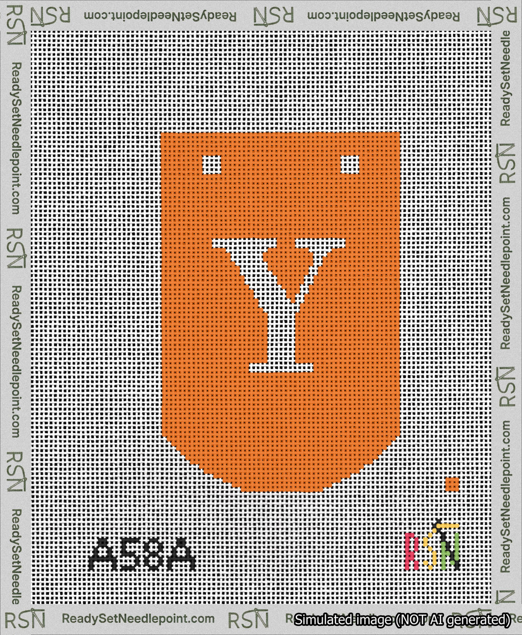 A taped needlepoint canvas with the design: Banner 13 mesh count Curved Y White on Orange.