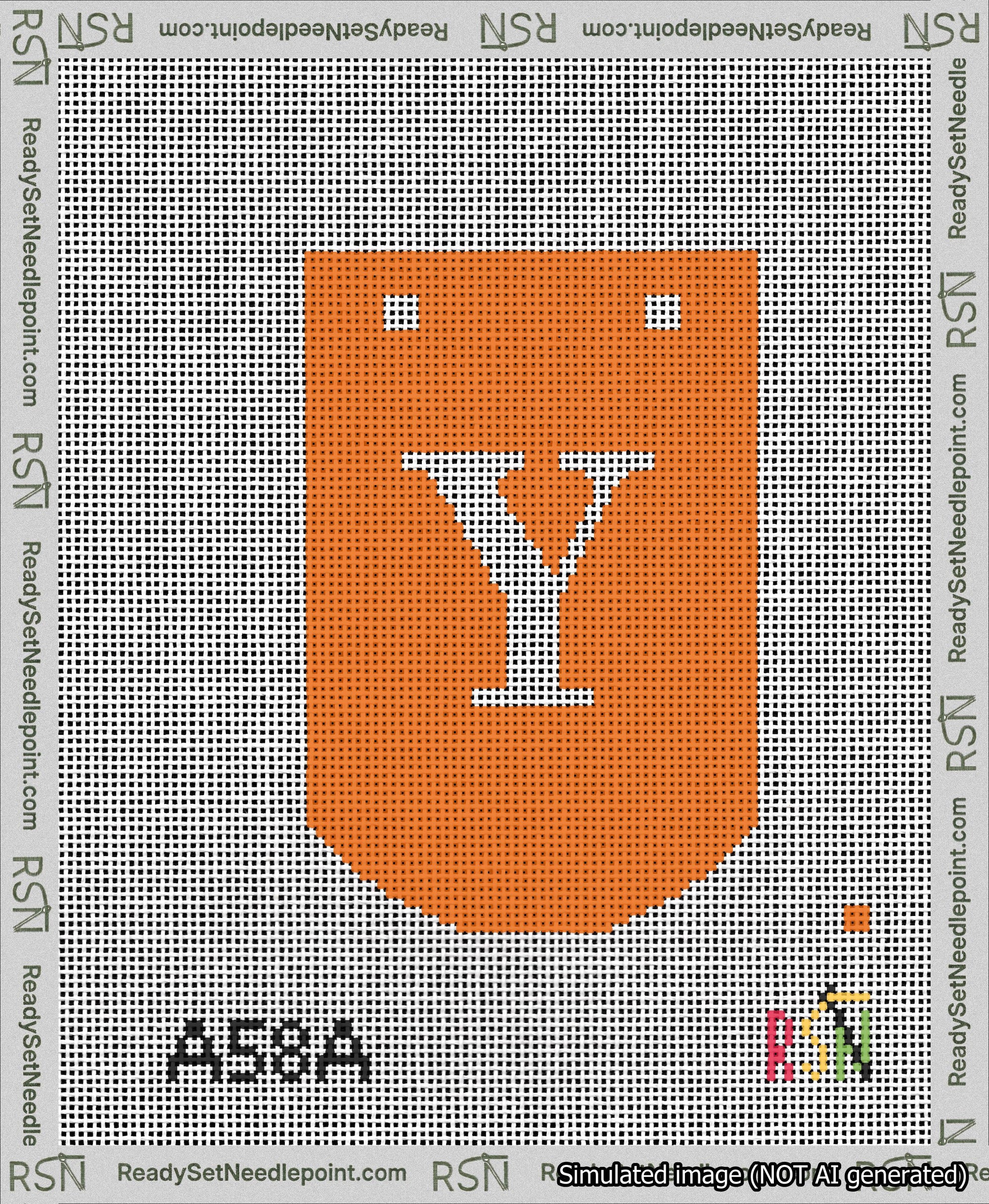 A taped needlepoint canvas with the design: Banner 13 mesh count Curved Y White on Orange.