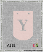 A taped needlepoint canvas with the design: Banner 13 mesh count Curved Y White on Pink.