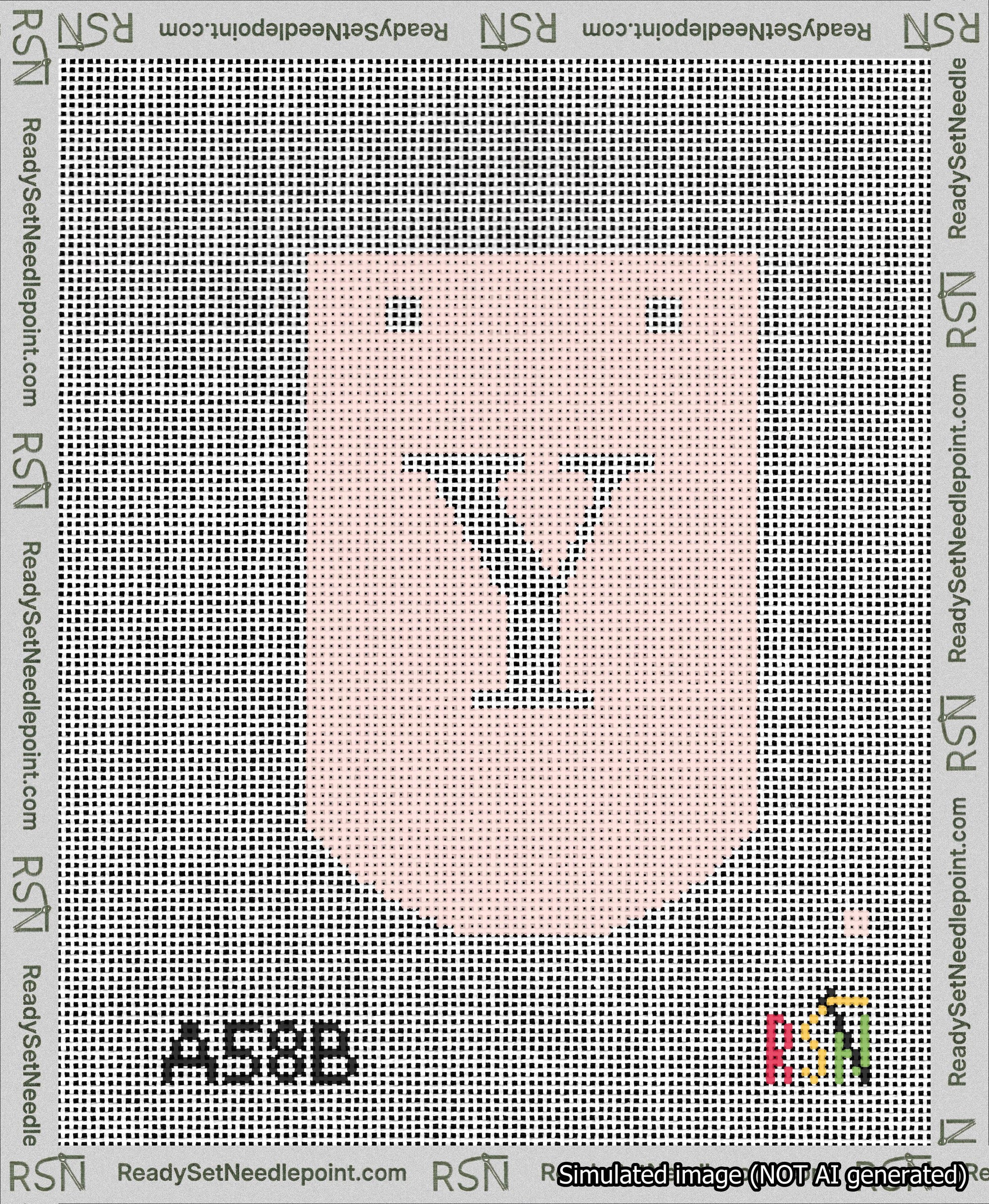 A taped needlepoint canvas with the design: Banner 13 mesh count Curved Y White on Pink.