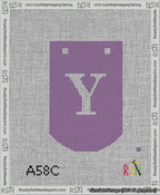 A taped needlepoint canvas with the design: Banner 13 mesh count Curved Y White on Purple.