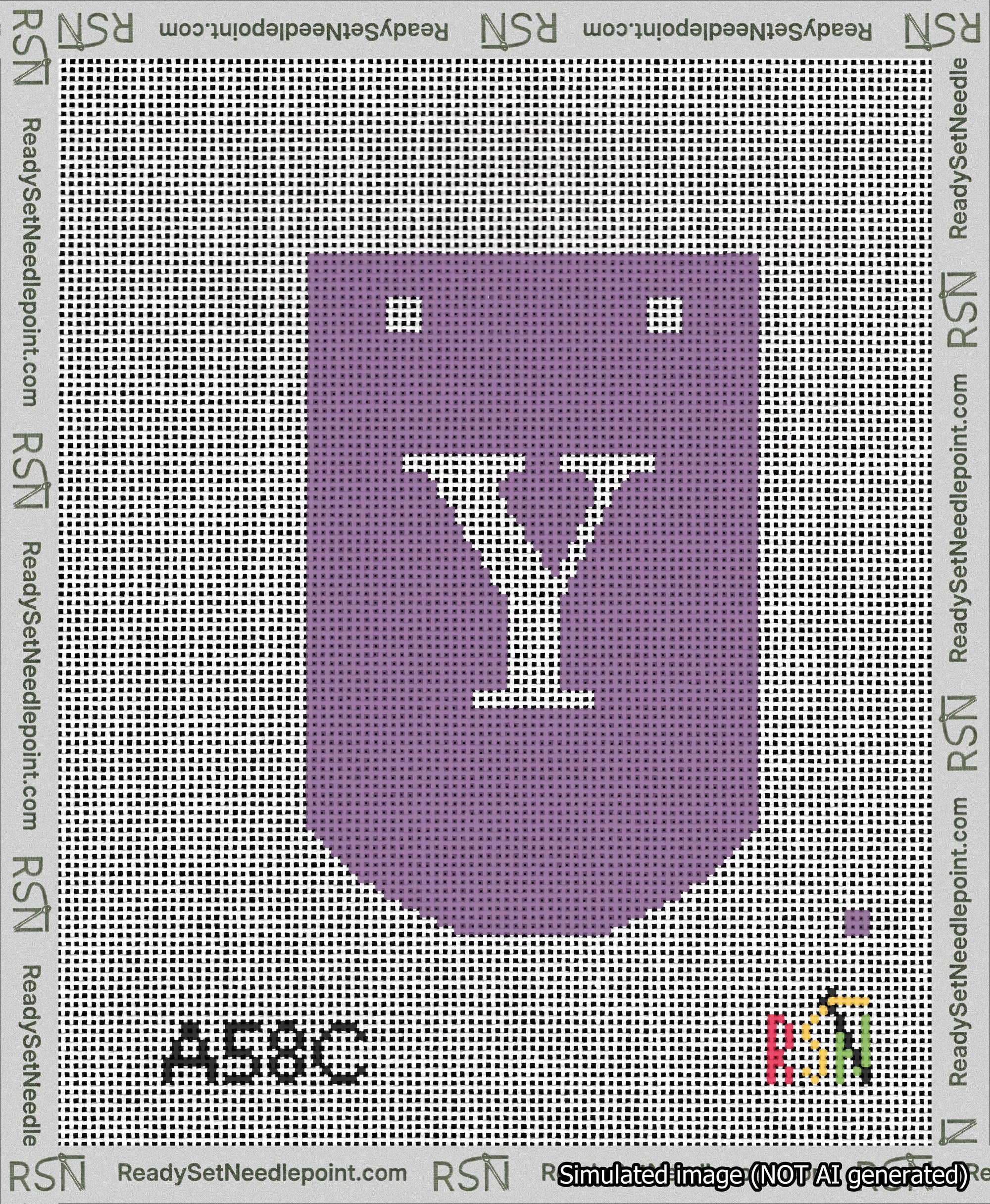 A taped needlepoint canvas with the design: Banner 13 mesh count Curved Y White on Purple.