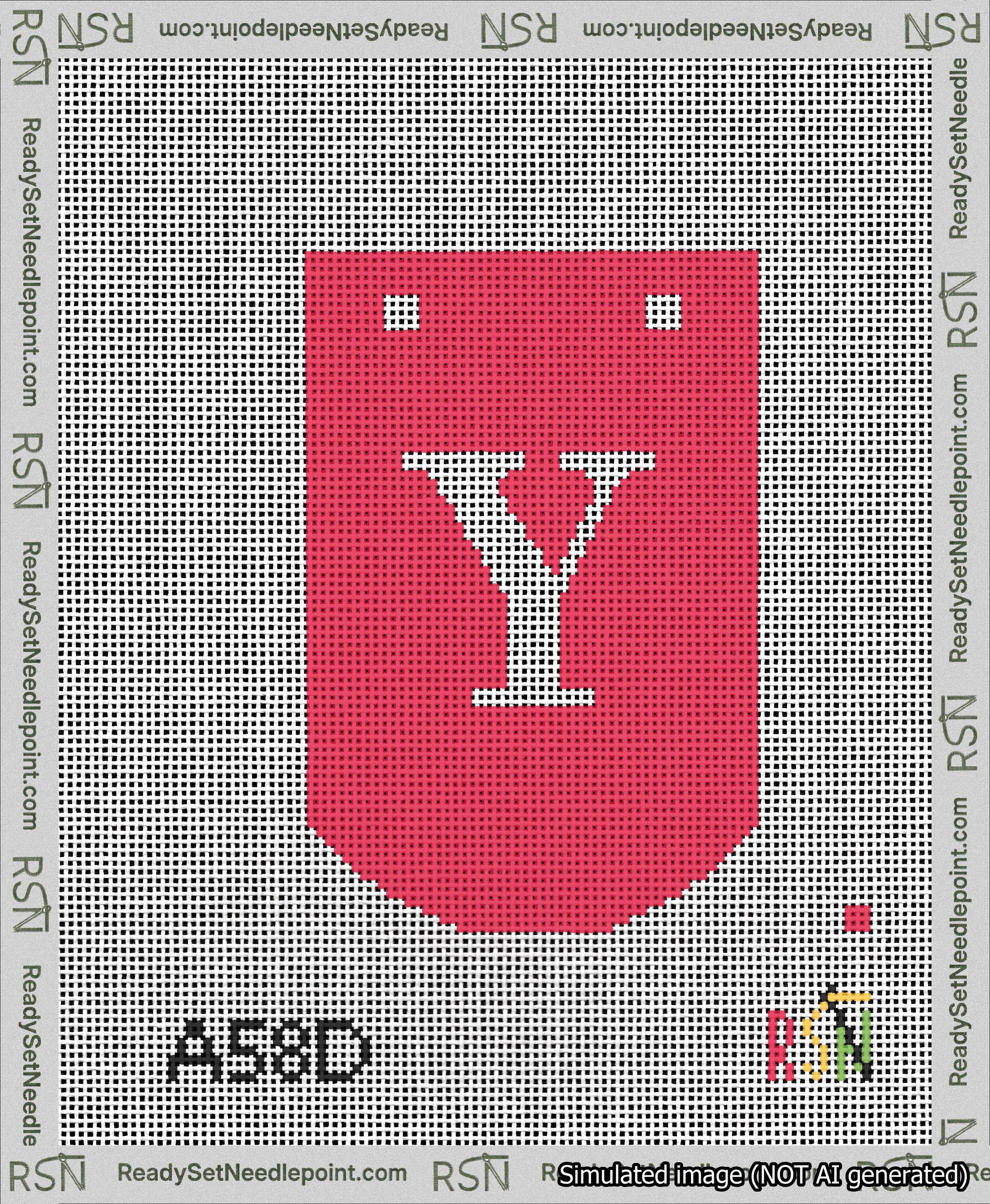 A taped needlepoint canvas with the design: Banner 13 mesh count Curved Y White on Red.