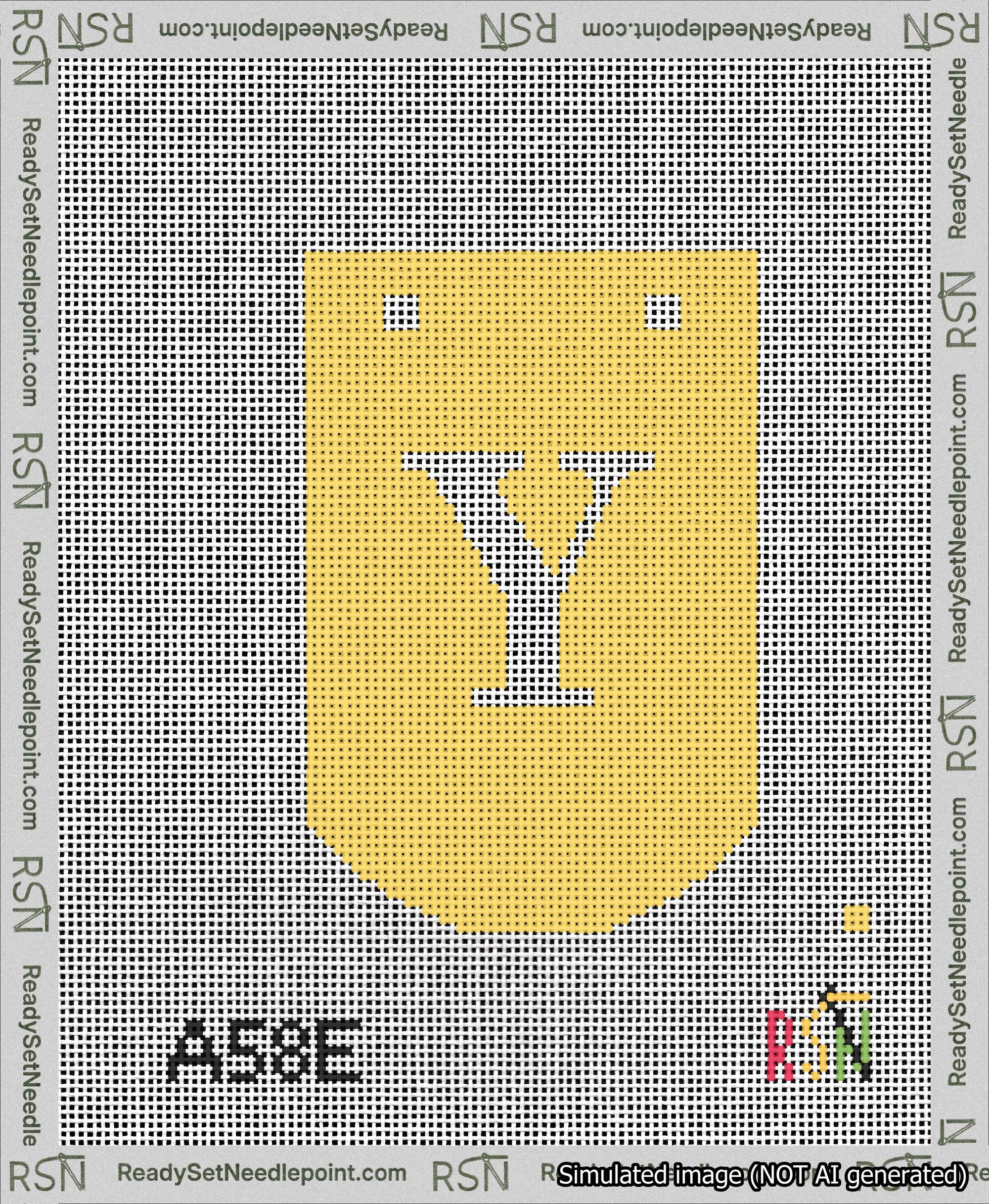 A taped needlepoint canvas with the design: Banner 13 mesh count Curved Y White on Yellow.