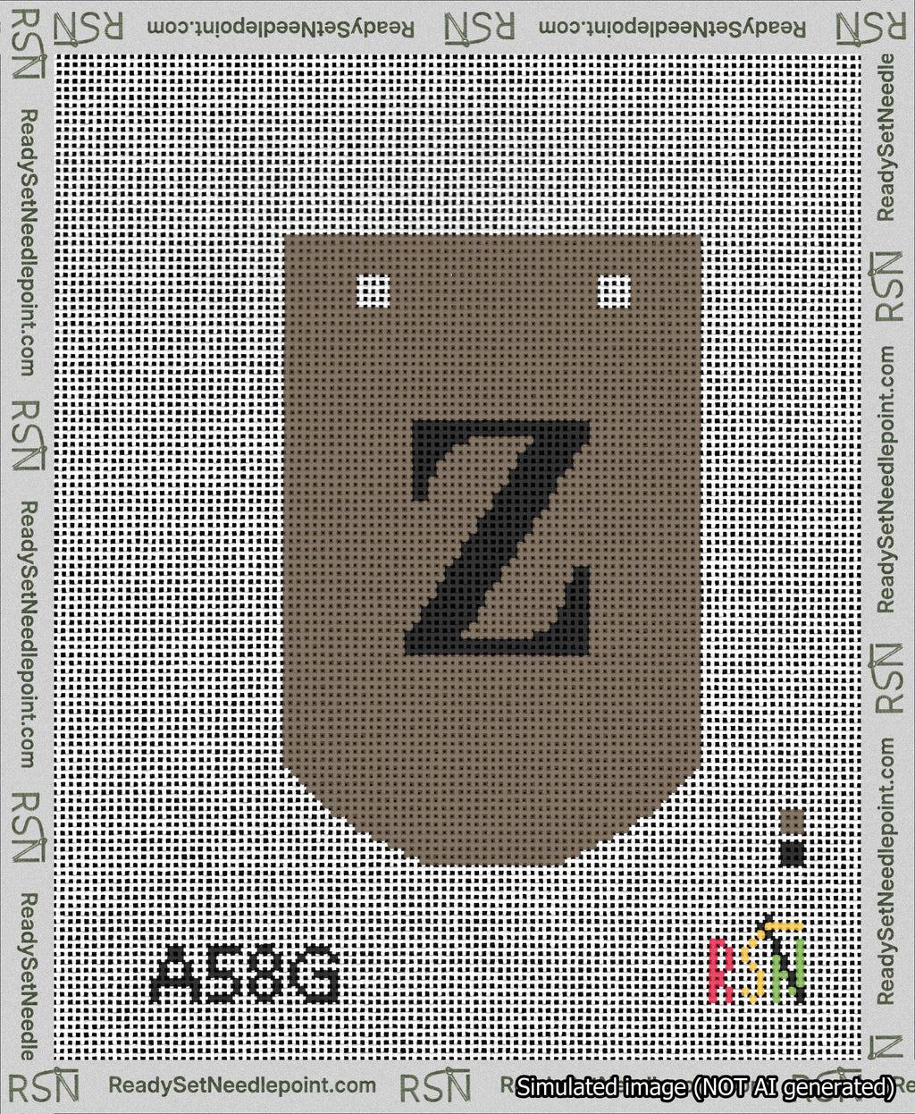 A taped needlepoint canvas with the design: Banner 13 mesh count Curved Z Black on Brown.
