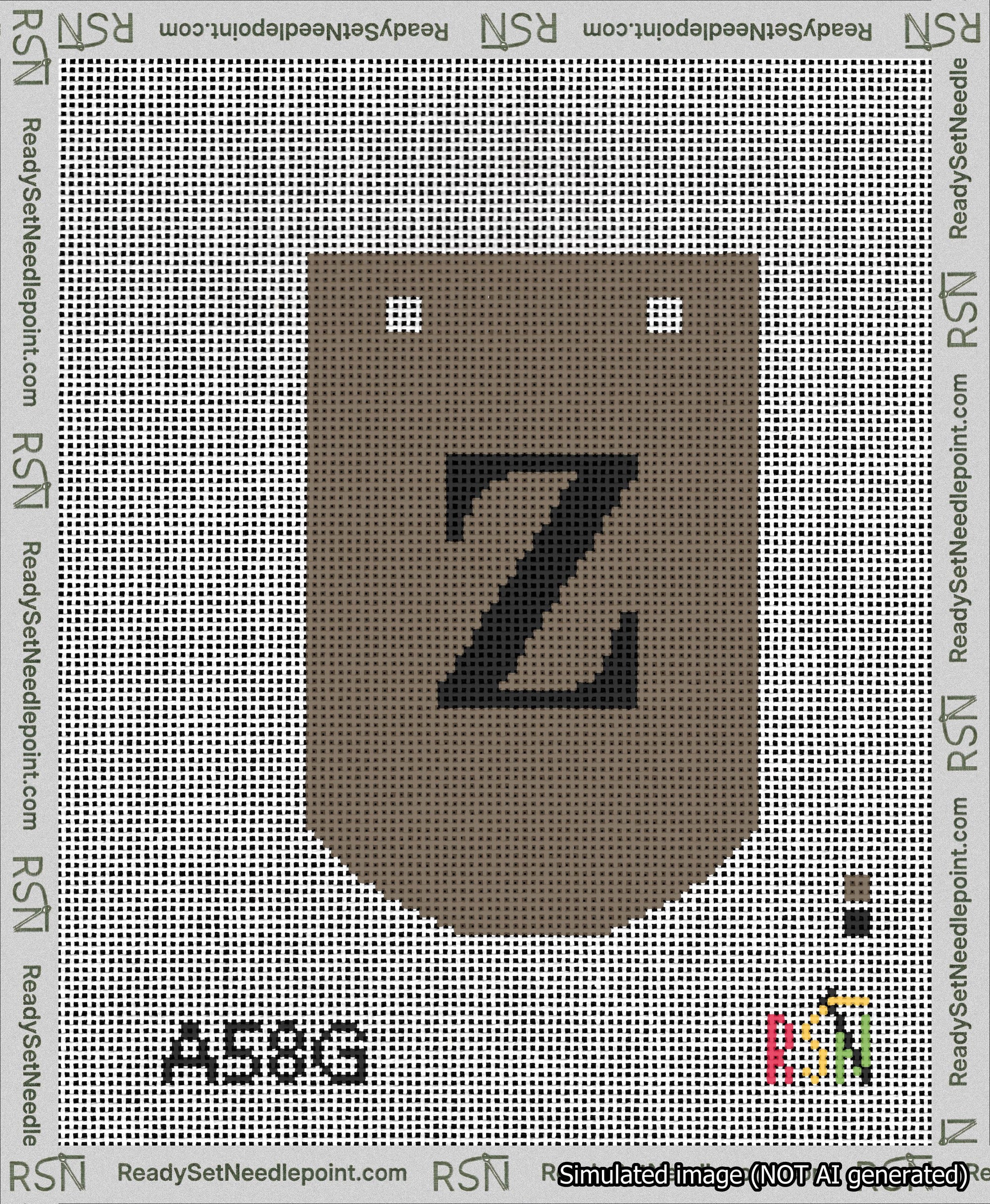 A taped needlepoint canvas with the design: Banner 13 mesh count Curved Z Black on Brown.
