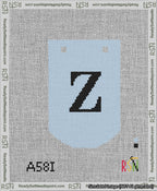 A taped needlepoint canvas with the design: Banner 13 mesh count Curved Z Black on Light Blue.