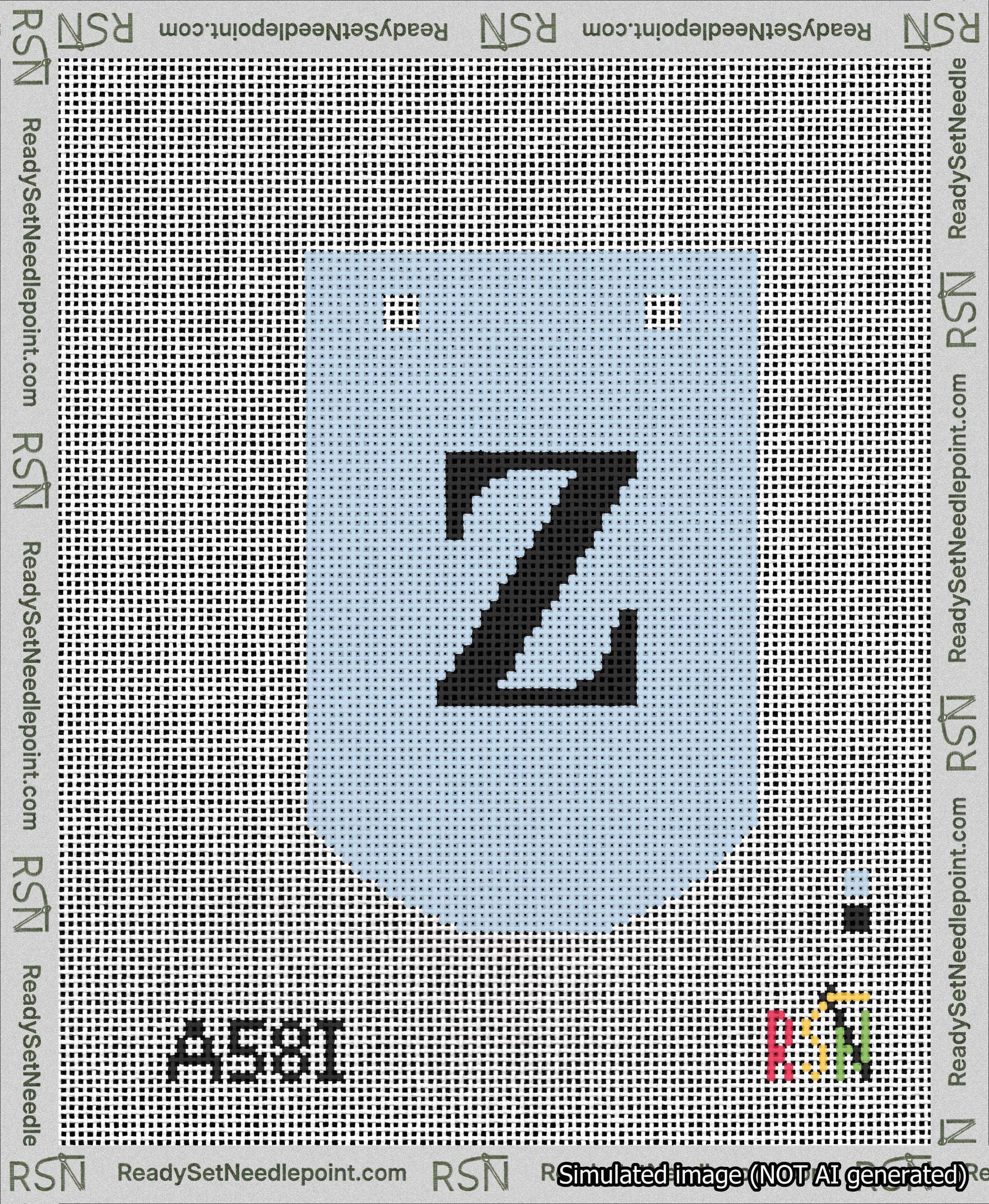 A taped needlepoint canvas with the design: Banner 13 mesh count Curved Z Black on Light Blue.