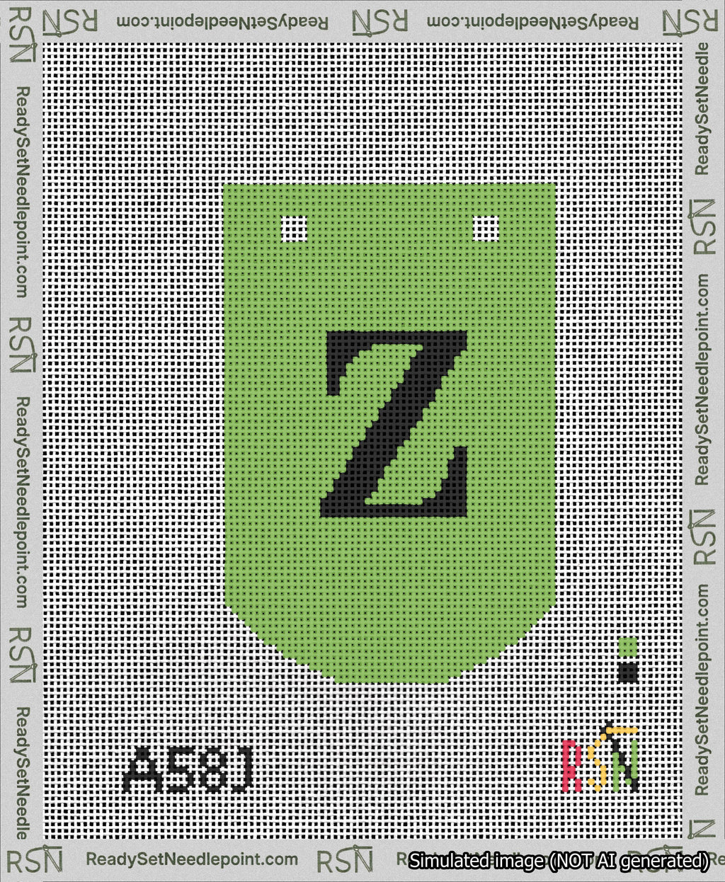 A taped needlepoint canvas with the design: Banner 13 mesh count Curved Z Black on Light Green.