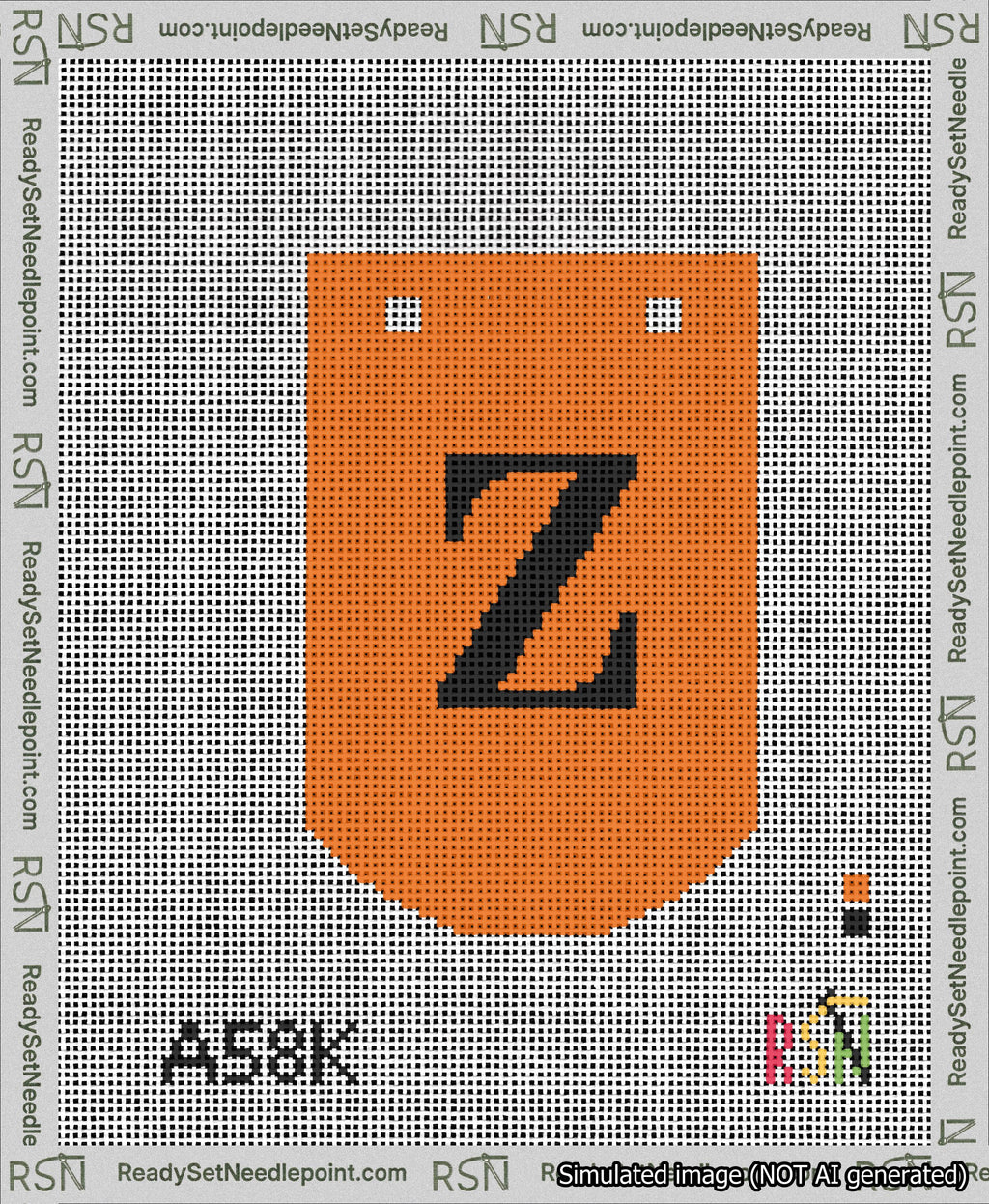 A taped needlepoint canvas with the design: Banner 13 mesh count Curved Z Black on Orange.