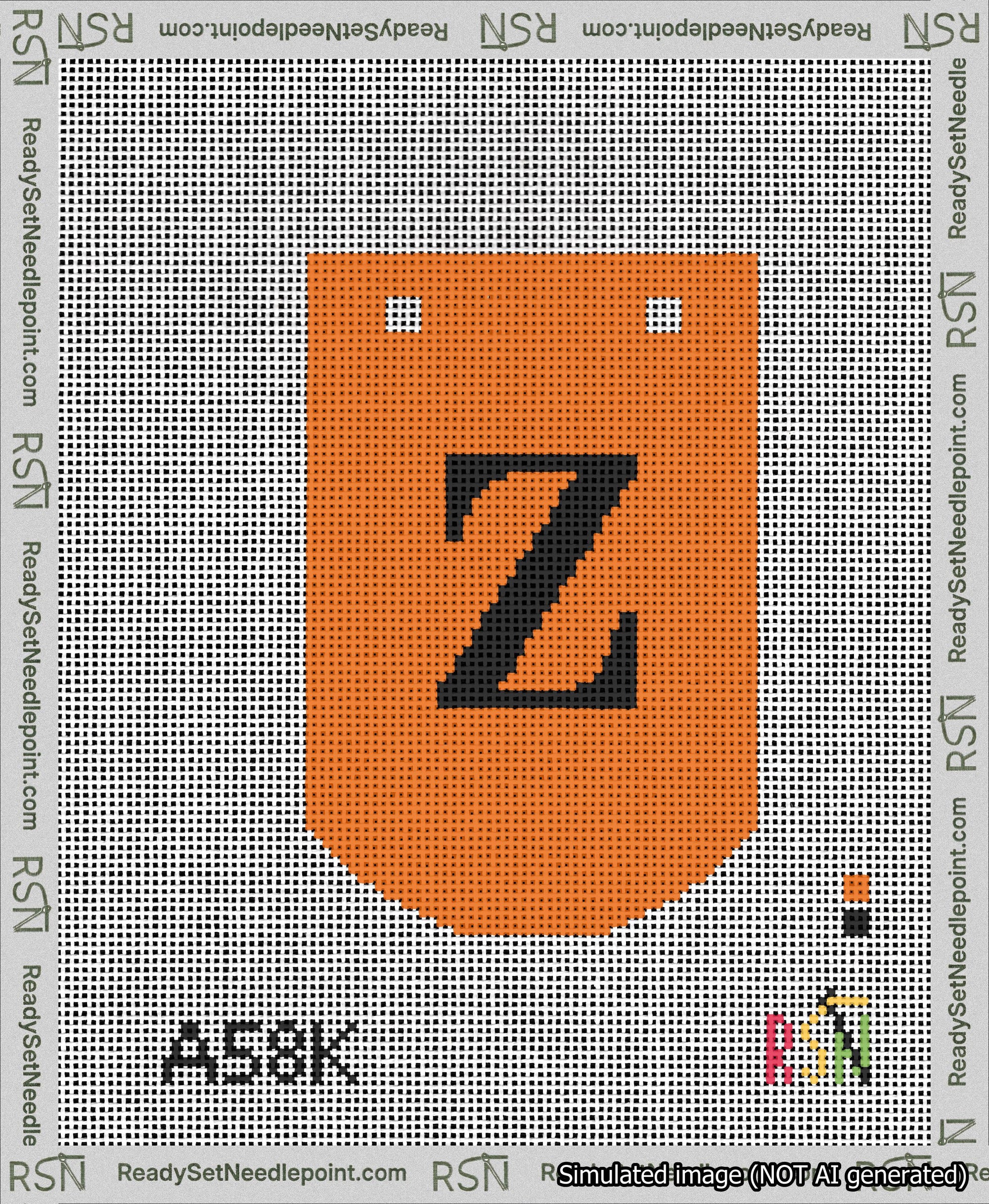 A taped needlepoint canvas with the design: Banner 13 mesh count Curved Z Black on Orange.