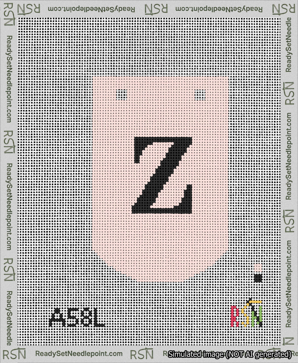 A taped needlepoint canvas with the design: Banner 13 mesh count Curved Z Black on Pink.