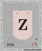A taped needlepoint canvas with the design: Banner 13 mesh count Curved Z Black on Pink.