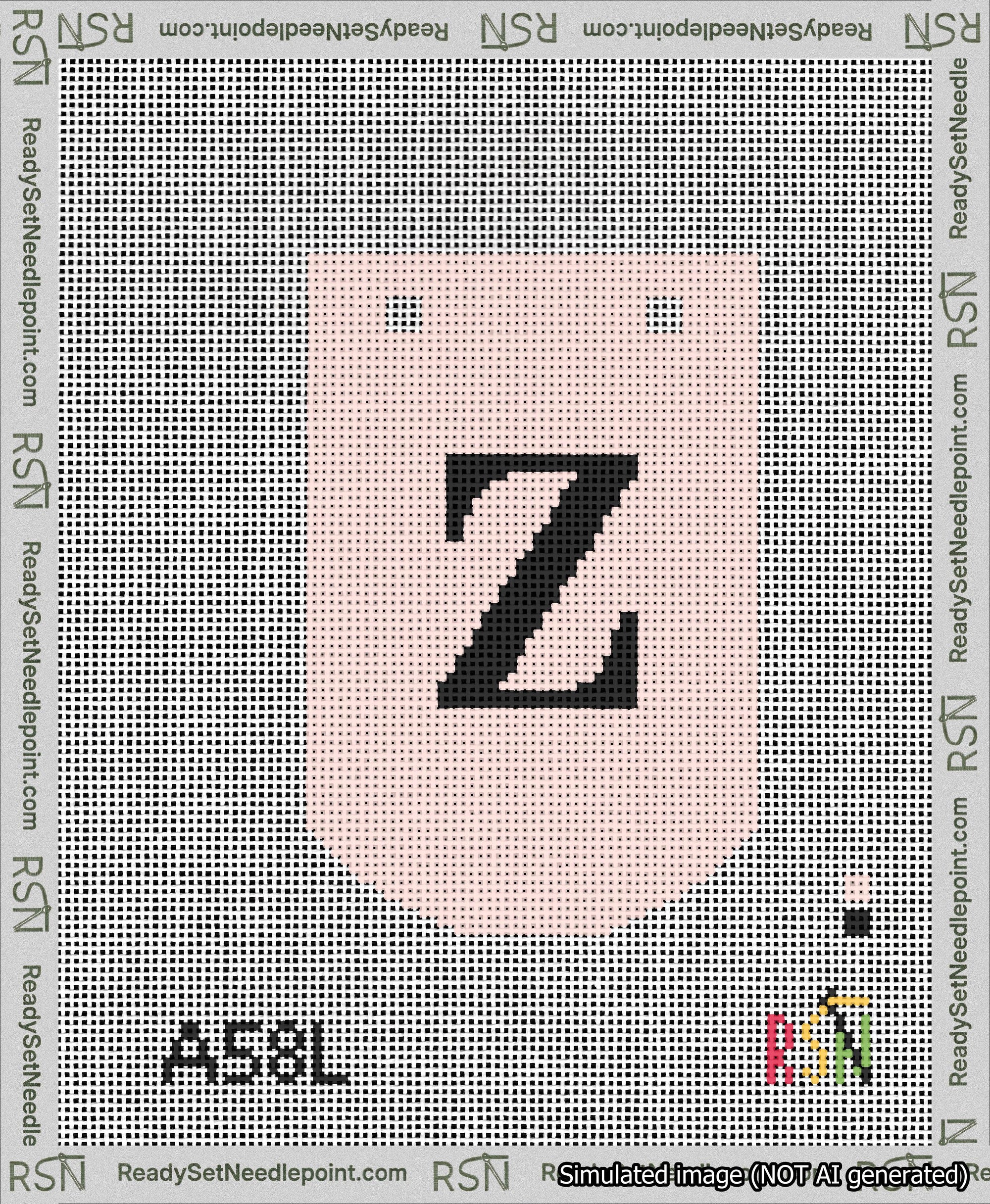 A taped needlepoint canvas with the design: Banner 13 mesh count Curved Z Black on Pink.