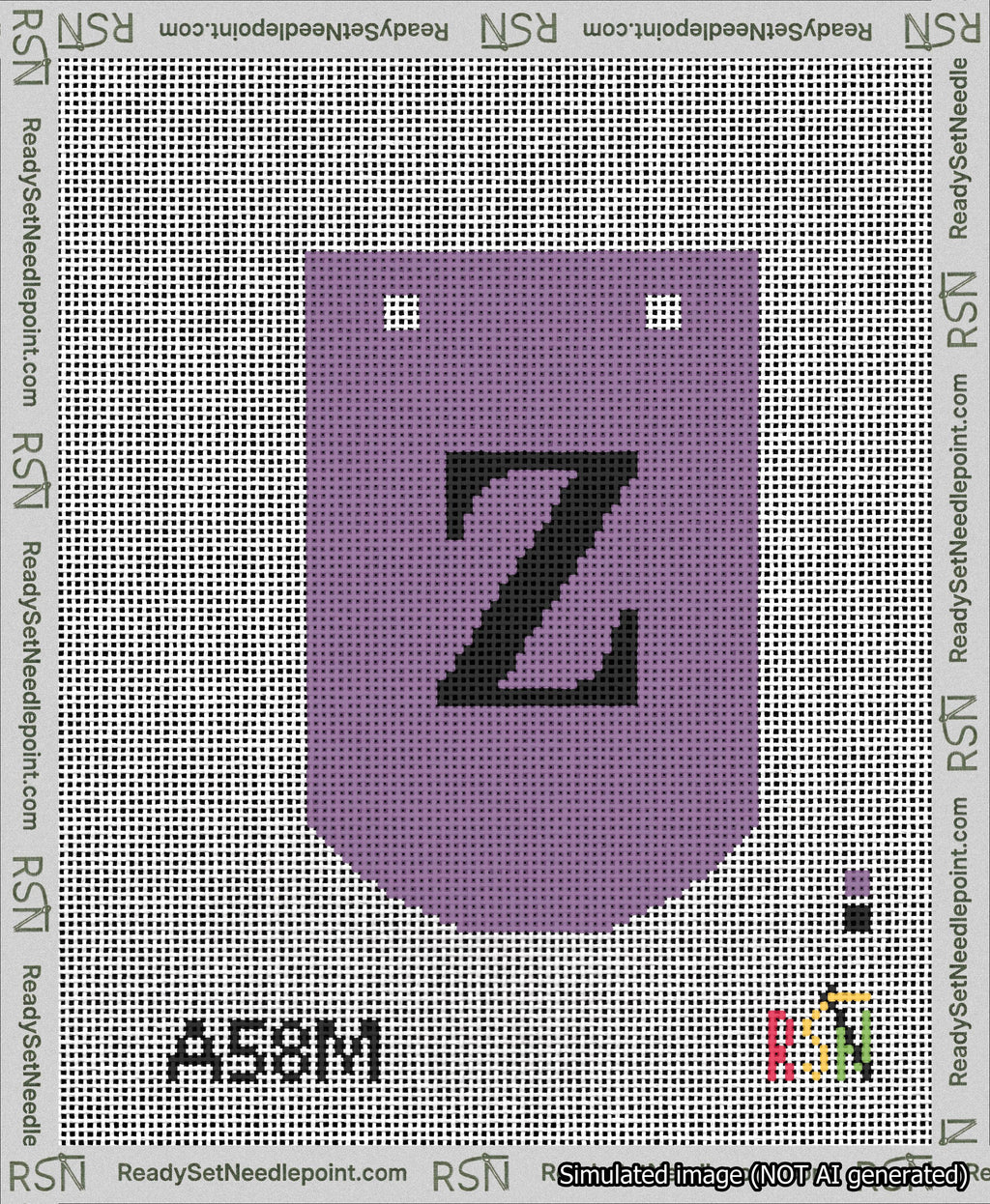 A taped needlepoint canvas with the design: Banner 13 mesh count Curved Z Black on Purple.