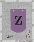 A taped needlepoint canvas with the design: Banner 13 mesh count Curved Z Black on Purple.